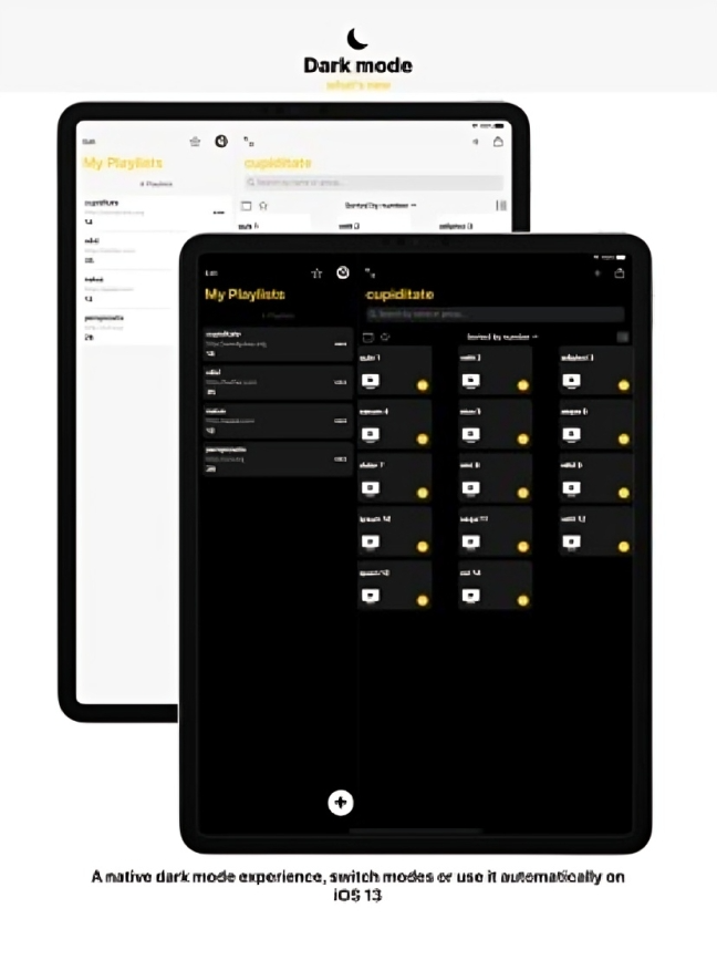Cloud Stream IPTV Player-grensesnitt som viser lys og mørk modus på iPad, med kanalspillelister i rutenettvisning og valg for temabytte.