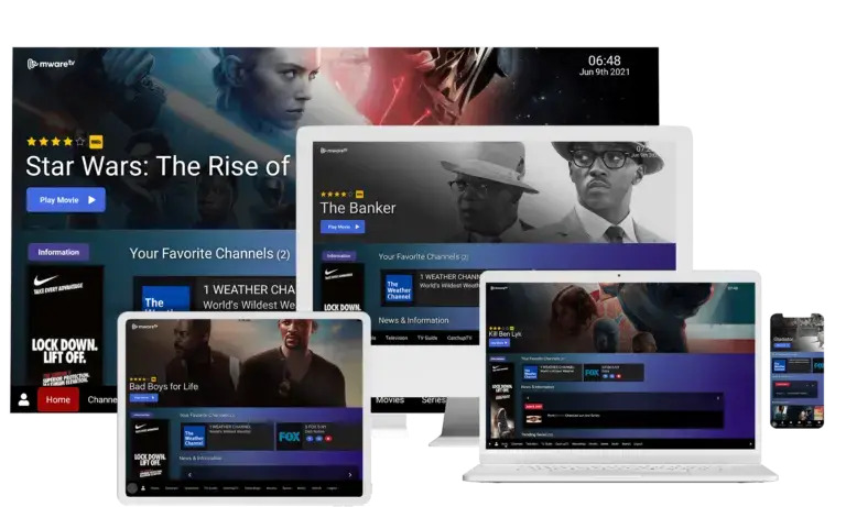 Multiple enheter som viser IPTV Norway tjenesten med Star Wars-film, The Banker, nyheter og værkanal, tilgjengelig på smarttelefon, nettbrett, bærbar PC og dataskjerm
