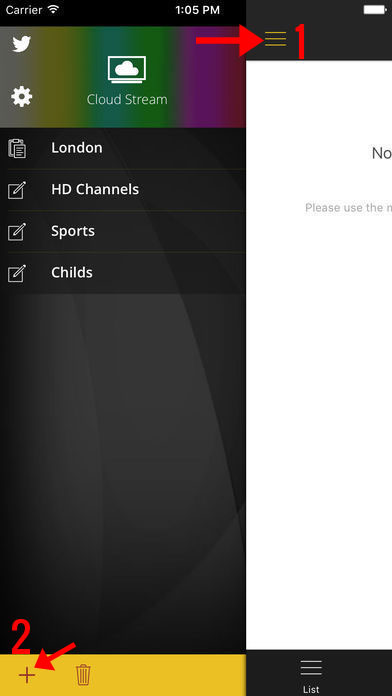 Trinn 2 i Cloud Stream-oppsett: iPhone-skjerm som viser menynavigasjon med røde piler som peker på (1) menyknapp og (2) legg til spilleliste-knapp.