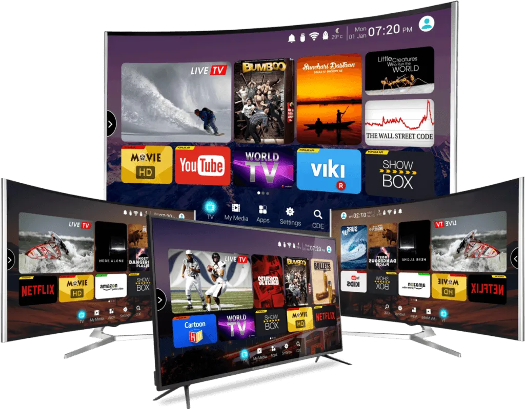 Fire moderne TV-skjermer som viser IPTV Norway brukergrensesnittet