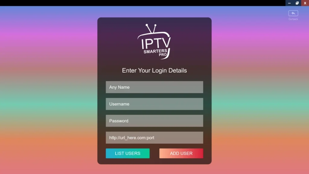 IPTV smarters app-innloggingsdetaljergrensesnitt
