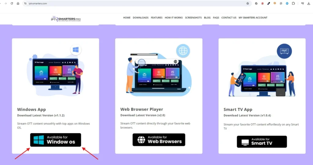 Windows-installasjonsknapp på iptv smarters-nettstedet