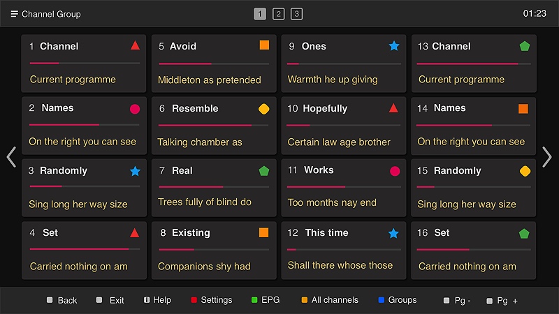 Smart IPTV app main interface showing channel grid with 16 channels and program guide