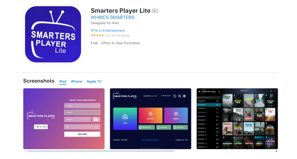 Smarters Player Lite på Apple Store