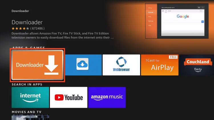 «Downloader»-appen i appbutikken til en Firestick-enhet