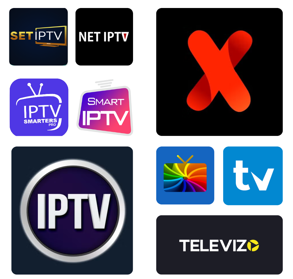 Samling av populære IPTV applikasjonsikoner som støttes av IPTV Norway tjenesten, inkludert SET IPTV, NET IPTV, IPTV Smarters Pro, Smart IPTV og andre strømmetjeneste-logoer