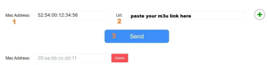 Flix IPTV nettside for aktivering som viser MAC-adressefelt, M3U-lenkefelt og Send-knapp - nummererte trinn for konfigurasjon