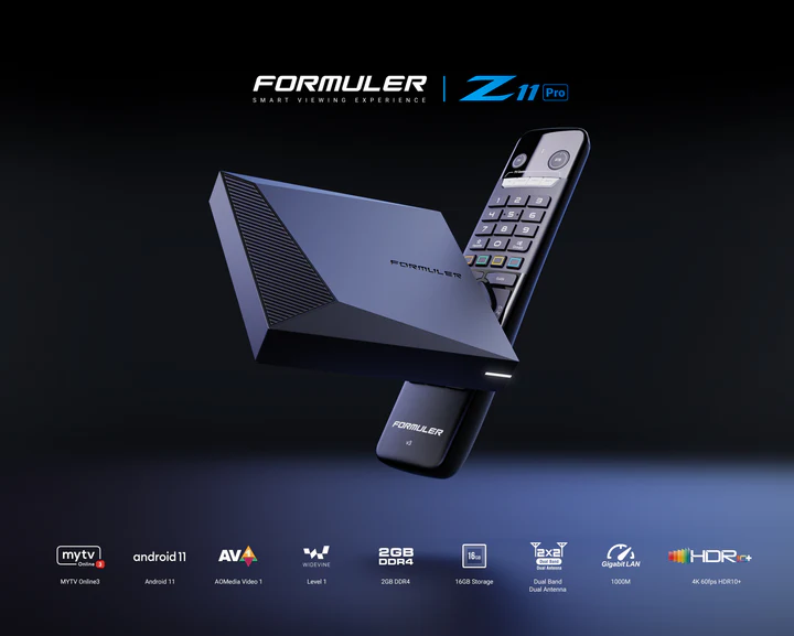 Formuler Z11 Pro-boks med fjernkontroll og funksjonsikoner som viser Android 11, 2GB RAM og HDR+-støtte på svart bakgrunn.
