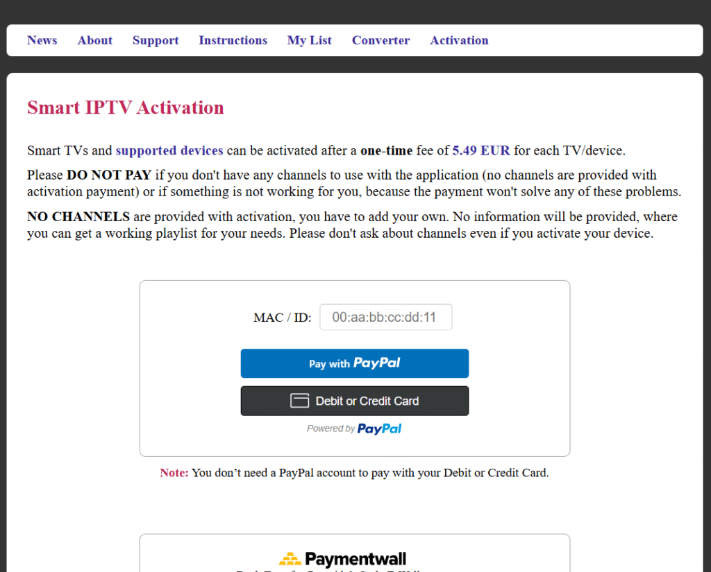 Smart IPTV activation webpage showing 5.49 EUR fee and PayPal/card payment options