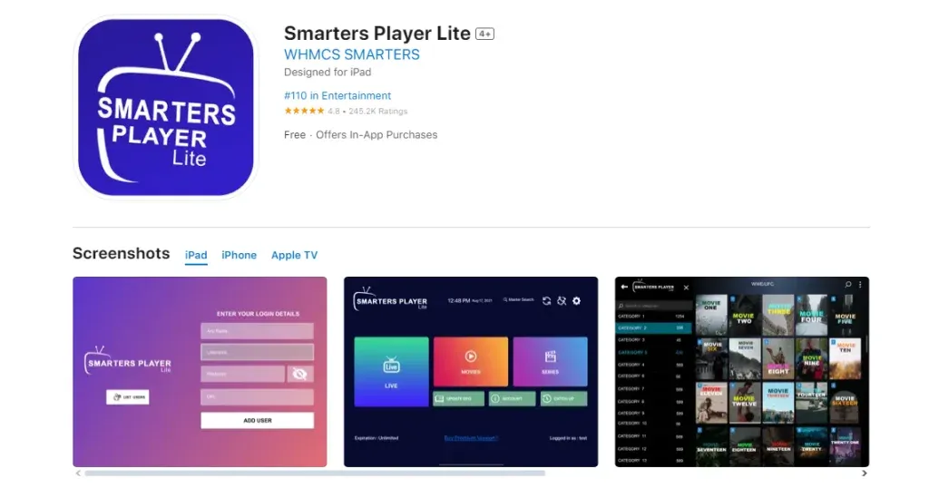 Smarters Player lite-appen i app store