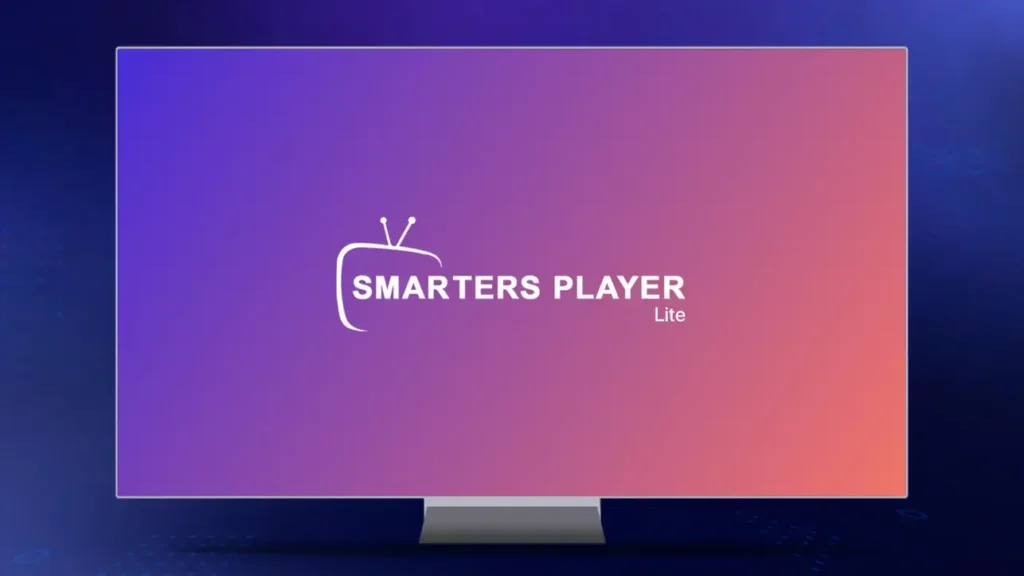 Oppstartsskjermen til Smarters Player Lite som viser appens logo på en lilla-til-rosa fargeovergang, vist på en TV eller monitor.