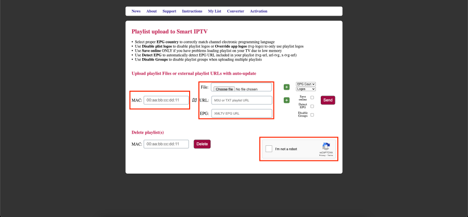 Smart IPTV website playlist upload page with MAC address and M3U URL input fields highlighted