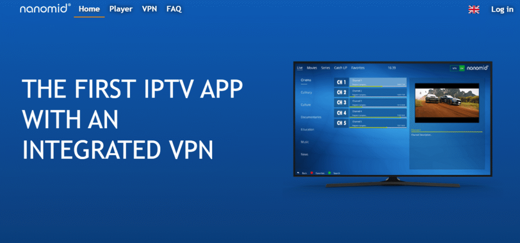 Nanomid IPTV-app grensesnitt vist på en Smart-TV, med kanalkategorier, kanalliste (CH 1-5) og direkteavspilling av et billøpsprogram. Har blått grensesnitt med integrert VPN-funksjonalitet.