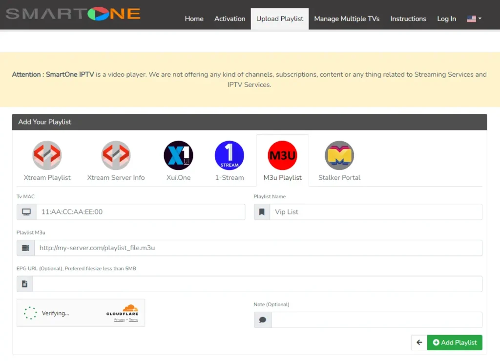 Smart One IPTV aktiveringsform med utfylte MAC-adresse og M3U URL-felt, grønn Legg til spilleliste-knapp klar