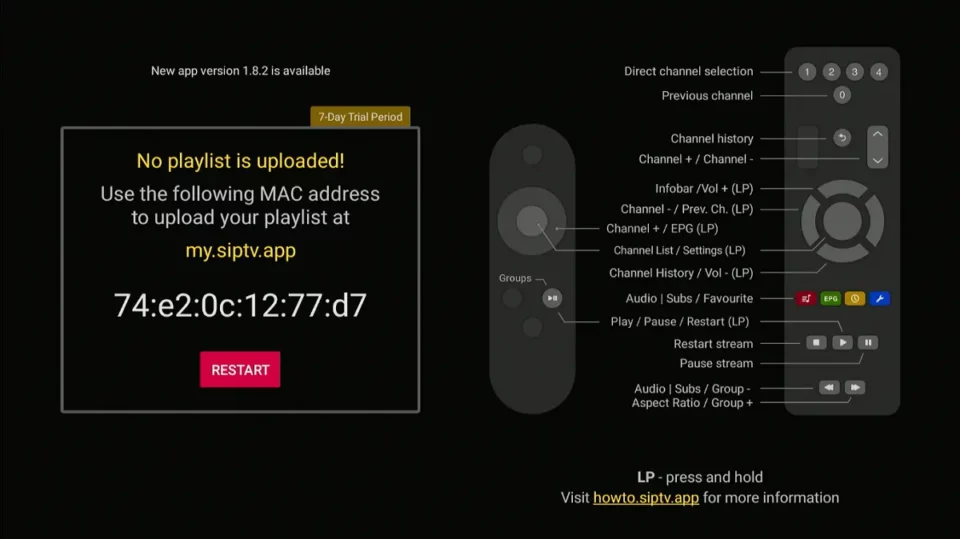 Smart IPTV app startup screen displaying MAC address 74:e2:0c:12:77:d7 for playlist upload